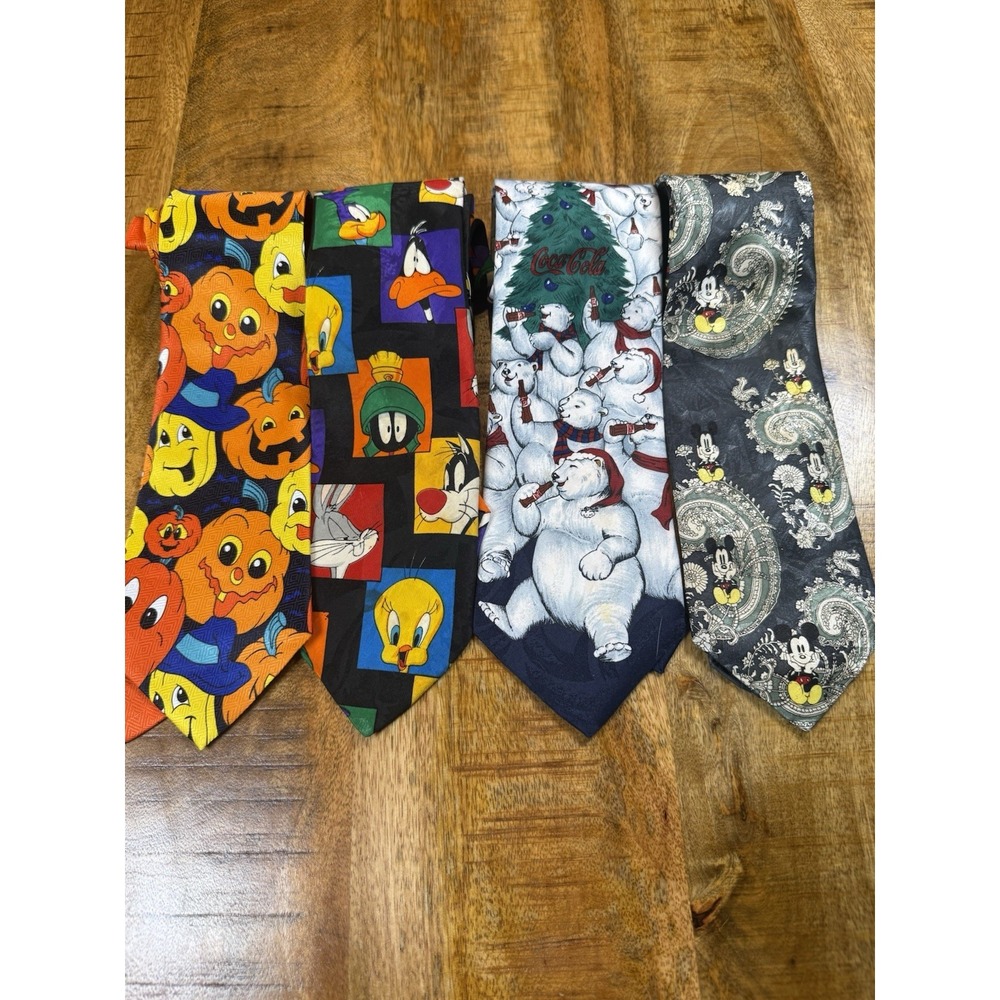 Vintage Novelty Necktie Lot 4 Disney Mickey Looney Tunes Coca Cola Halloween